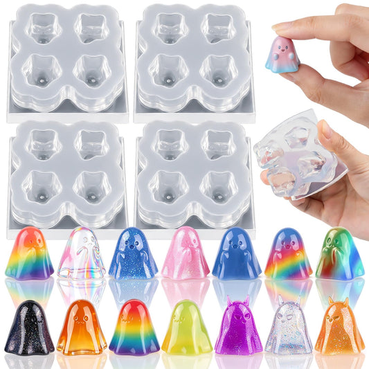 Mini Cute Ghost Figurines Silicone Mold, 4 Pcs Micro Dollhouse Epoxy Casting Mold with Realistic Shapes for DIY Resin Art Fairy Garden Miniatures Landscape Crafts Decor(M)