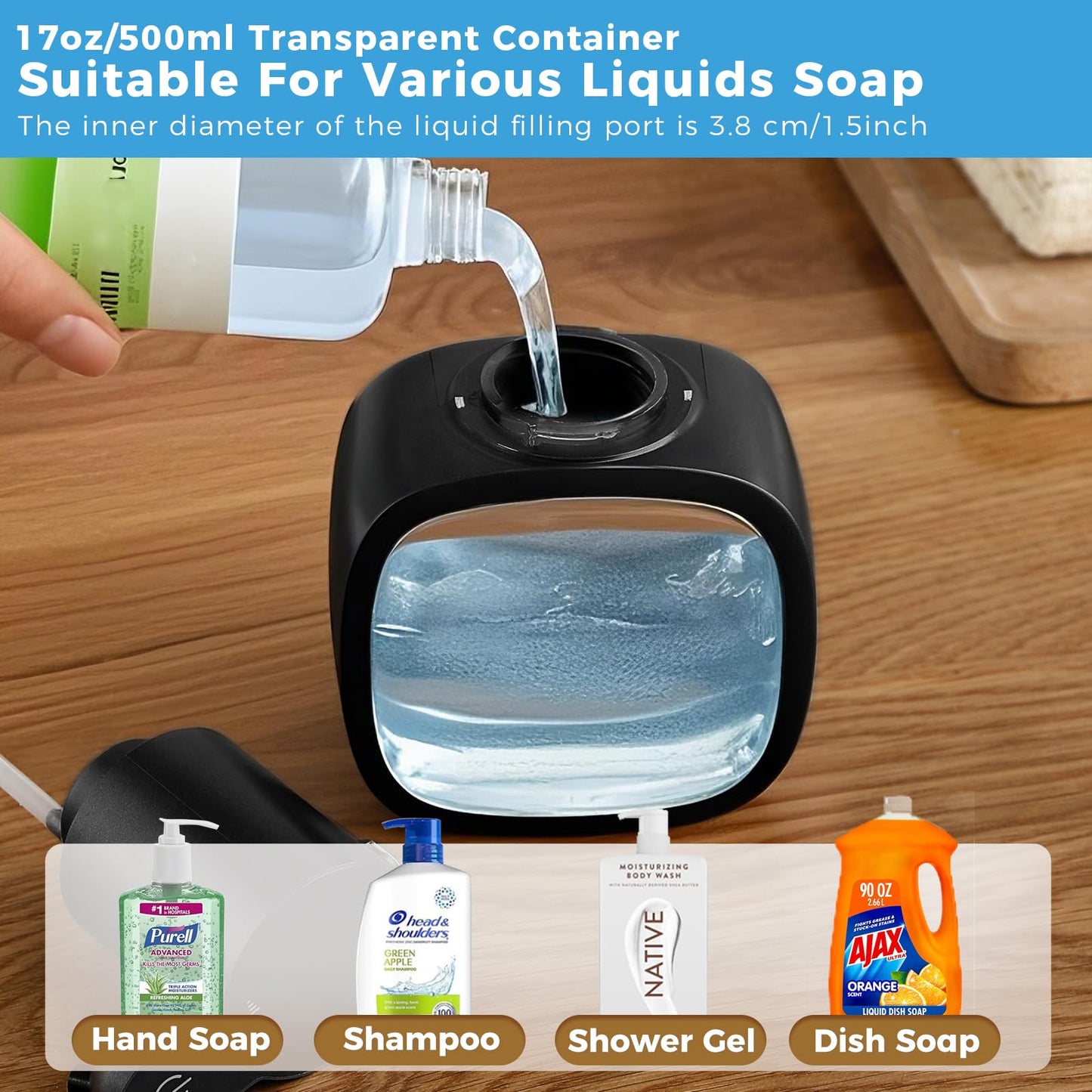DODO MEKIA Automatic Liquid Soap Dispenser, 17oz/500ml Touchless Rechargeable with 4-Level Adjustable & IPX5 Waterproof - Level Display for Wall/Tabletop Use in Bathroom, Kitchen, Black