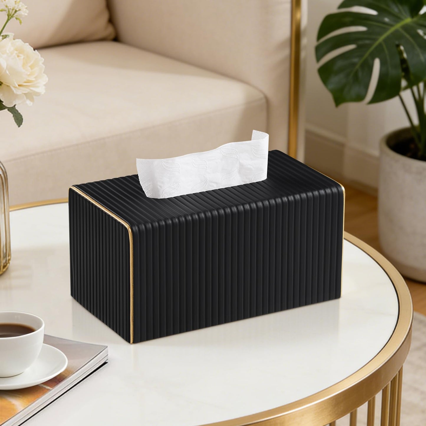 Extra Large Rectangle PU Leather Tissue Box Cover with Magnetic Closure, Decorative Tissue Holder & Storage Container for Bedroom, Living Room, Dining Room, Bathroom, Countertop, Desk & Office (Black)