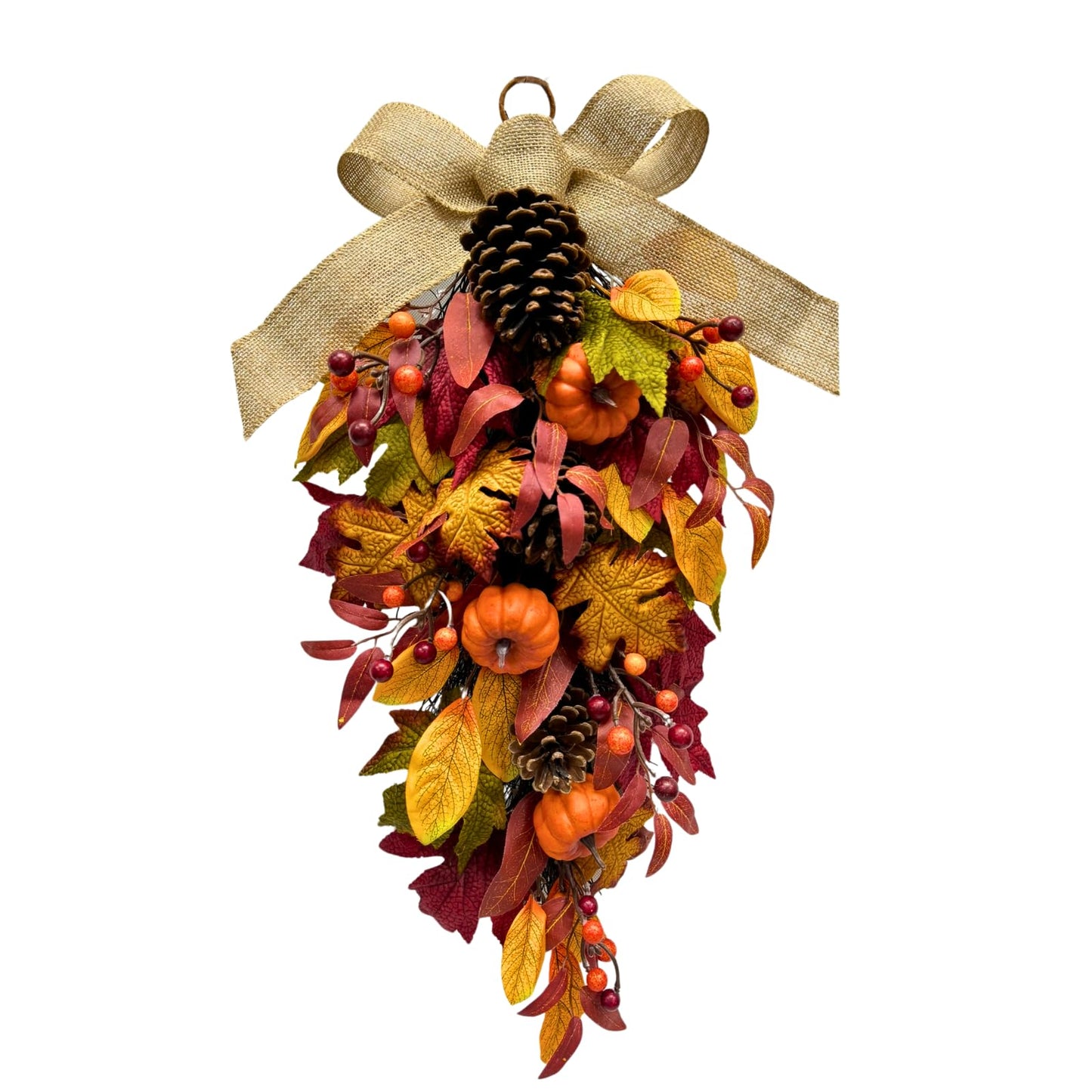 Svndlyn Harvest Teardrop Swag Autumn Floral Swag Wreath with Pumpkin Pine Cones Berries Maple Leaves and Burlap Bow Fall Teardrop Wreath for Home Door Wall Mantel Window Decor