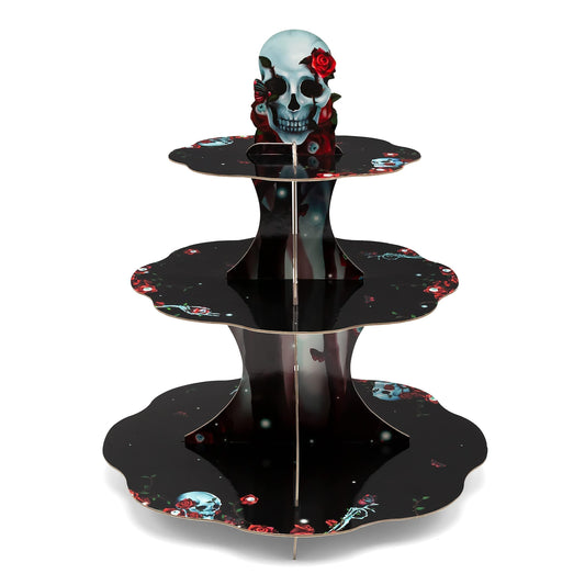 Cheerland Halloween Cupcake Stand Black Red Skeleton Birthday Party Decorations Rose Skull Party Decoration Goth Birthday Decor Spooky Skeleton Gothic Halloween Wedding Decorations