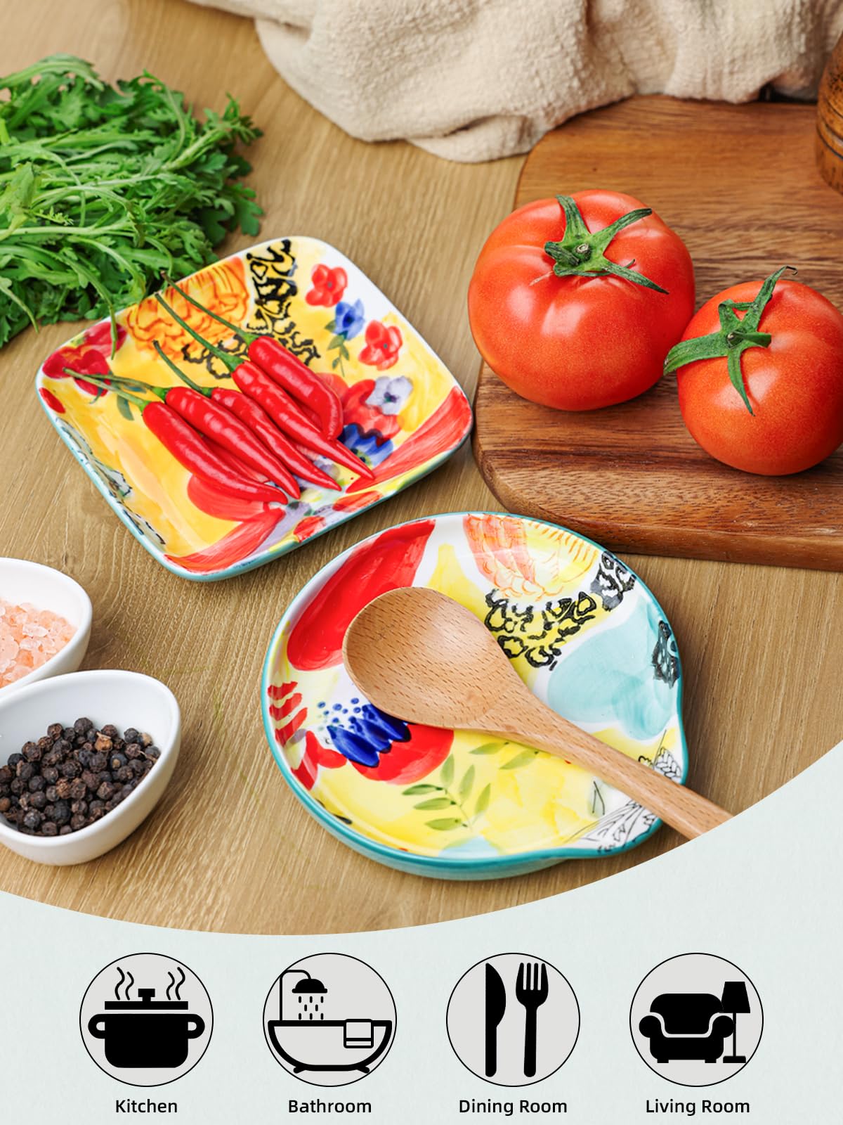 Ceramic Handmade Spoon Rest Set of 2, Colorful Hand Painted Spoon Holder