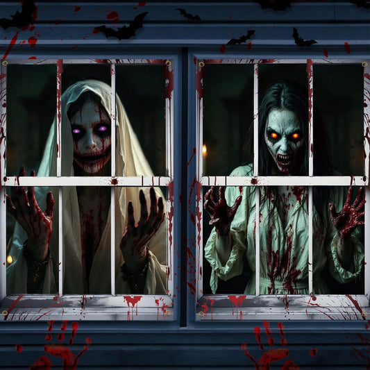 2 Pcs Halloween Window Decorations, Halloween Window Cover, Horror Theme Poster for Indoor and Outdoor Party Decorations, 32x47 inch (Terror A)