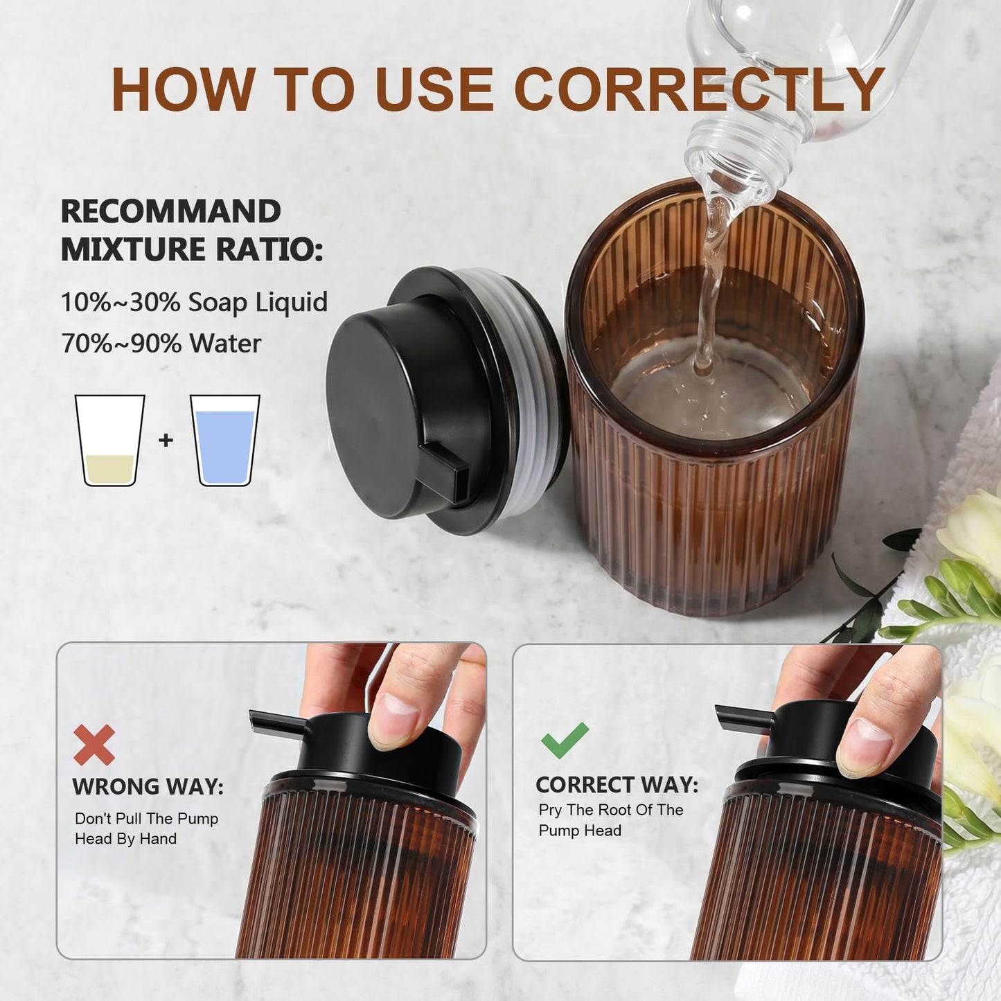 KASUNTING Foaming Soap Dispenser, Amber Glass Foam Hand Soap Dispenser for Bathroom, 11 Fl Oz Ribbed Refillable Foaming Pump Bottle with Black Pump, Modern Dish Soap Foam Dispenser