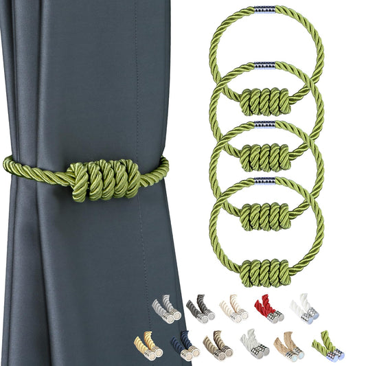 BEL AVENIR Magnetic Curtain Tiebacks, Decorative Drapery Holdbacks Modern Woven Tie-Backs with Exquisite Knot (Green, 4 Pack)