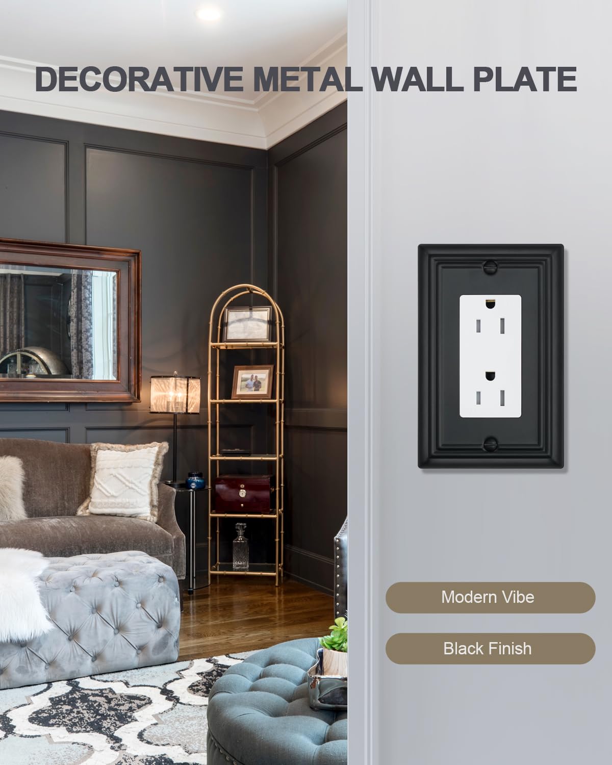 ZILLSEA Decorative Framed Design Switch Plates Outlet Covers, Duable Metal Wall Plates (Black/1 Decorator 4 Pack)