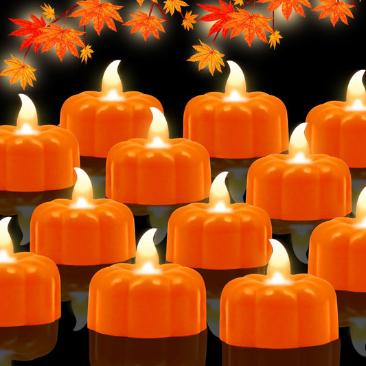 Pumpkin Tea Lights Fall Decorations for Home,12 Pack LED Orange Pumpkin Lights FlameLess Candles Battery Operated Thanksgiving Flickering Tealights Candles for Table Home Party Halloween Decor
