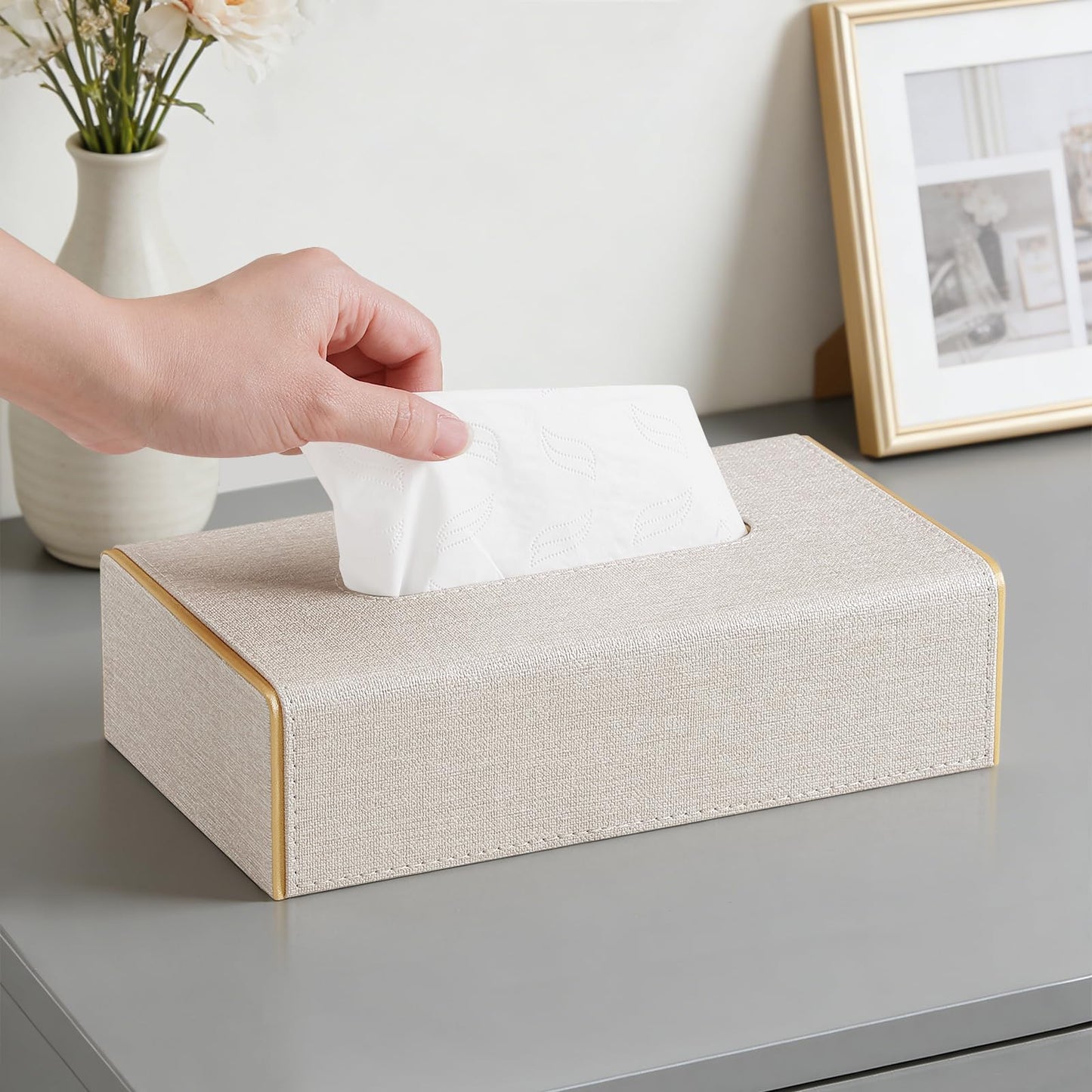 JLAMBOM Linen Tissue Box Cover Rectangle, 4 Sizes PU Leather Tissue Box Cover with Bottom, Decorative Tissue Holder for Bathroom Nightstand Car Office (Low Profile – Fits Tissue Boxes Up to 2.2" Tall)
