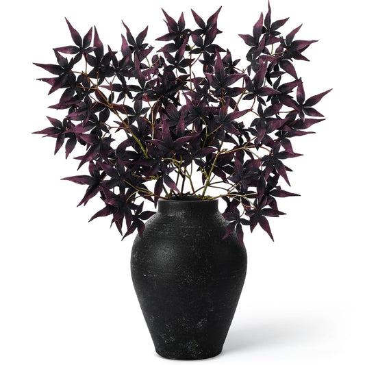 Janinka 29" Fall Artificial Japanese Maple Leaves Stem Fake Fall Maple Leaves Stem Autumn Faux Bushes for Vase Farmhouse Table Centerpiece Halloween Thanksgiving Decor 3 Pcs(Black Currant)