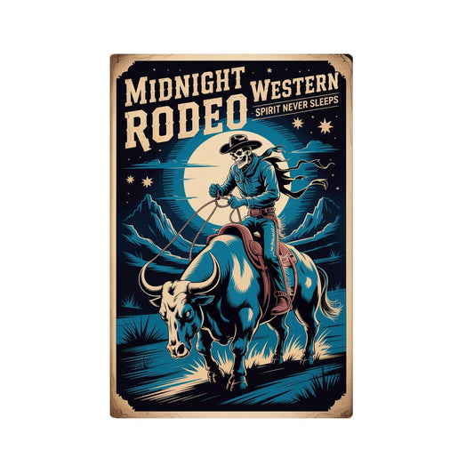 Midnight Western Skeleton Cowboy Rodeo Poster Vintage Skull Wall Art Cool Blue Western Poster for Bar Man Cave Rustic Home Decor Printing Posters Unframe-style 08x12inch(20x30cm)