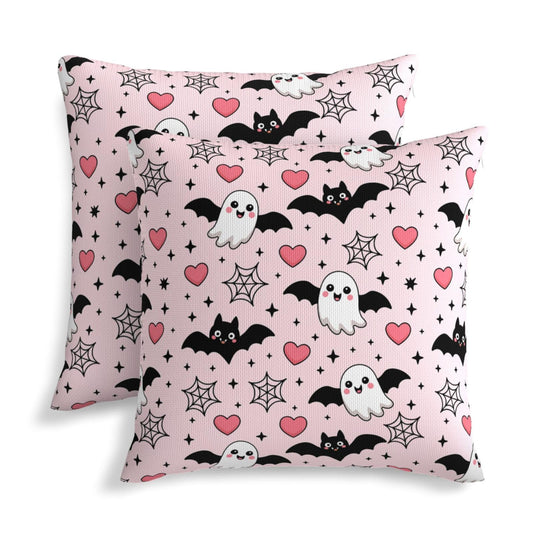 Halloween Pink Cute Ghost Bats Heart Decorative Pillow Covers 18x18 Inch Set of 2 Rustic Boho Flower Outdoor Throw Pillows Neutral Farmhouse Decoration Cushion Cases for Sofa Couch Bed Decor