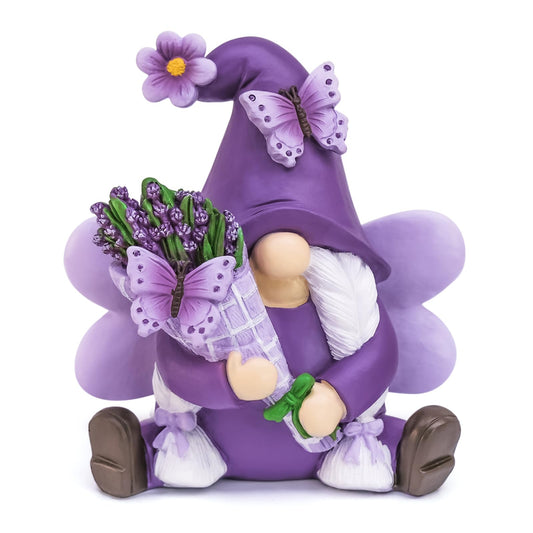 KnomeKo Lavender Gnome Spring Summer Decor, Fairy Garden Gnome with Butterfly & Lavender Bouquet, Purple Gifts for Women Yard Porch Flower Bed Decor