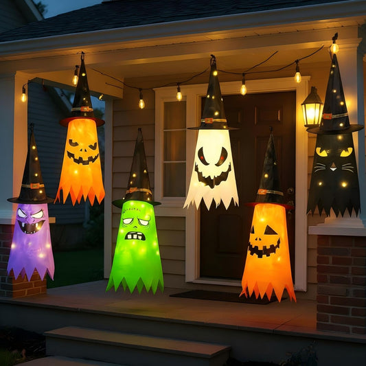Qilery 6 PCS Hanging Witch Ghost Hats Decorations - Halloween Hanging Ghosts Decorations Outdoor - 31 Lighted Pumpkin, Cat, Mummy, Vampire, Zombie Theme for Yard Tree Porch Patio Garden Party