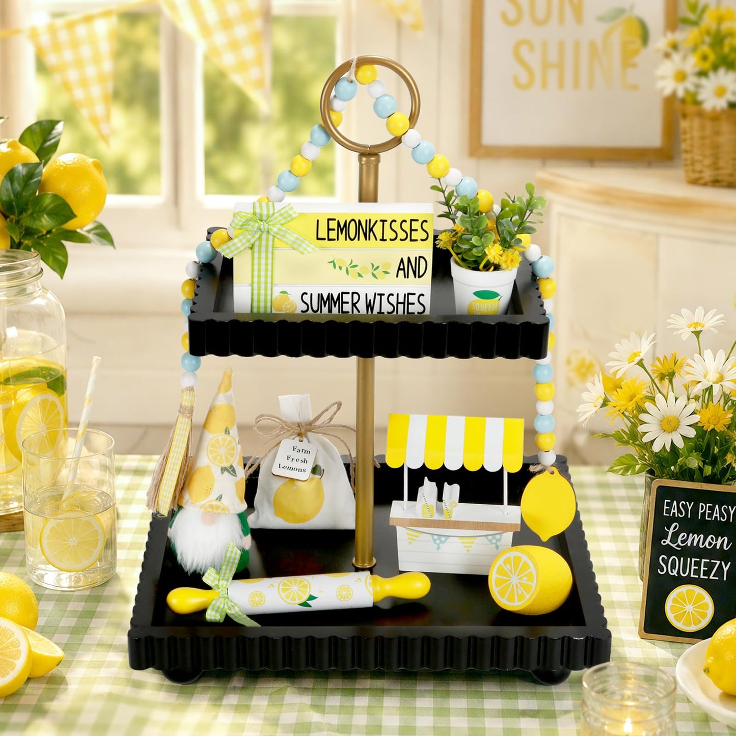 Summer Decorations for Home Indoor 8pcs Lemon Tiered Tray Decor Set