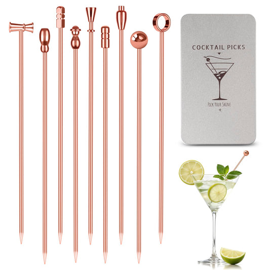 Metal Martini Cocktail Picks 9 Pcs, 4.1 in Olive Skewers Stainless Steel, Drinks Garnish Sticks, Reusable Appetizers Toothpicks, Home Bar Accessories Supplies Gift for Father Bartender - Rose Gold