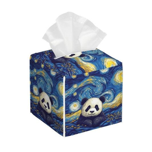 Panda Swirling Stars Tissue Box Cover Square, Waterproof Leather Tissue Box Holder Portable Dispenser Modern Home Decoration for Bathroom Car Nightstand Vanity