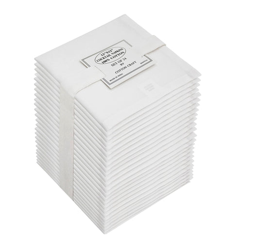 COTTON CRAFT Cocktail Napkins - 24 Pack - Happy Hour Drink Beverage Bar Party Holiday Dessert Celebration Event Gift Luncheon Brunch Dinner - Premium Cotton Cloth Reusable Washable - 12x12 - White
