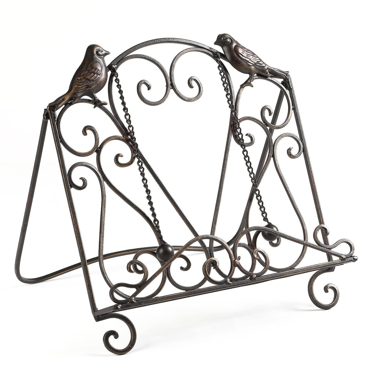 MOCOME Metal Cookbook Stand Clearance Recipe Book Holder for Kitchen (Birds/Vintage Scrolls, Bronze)