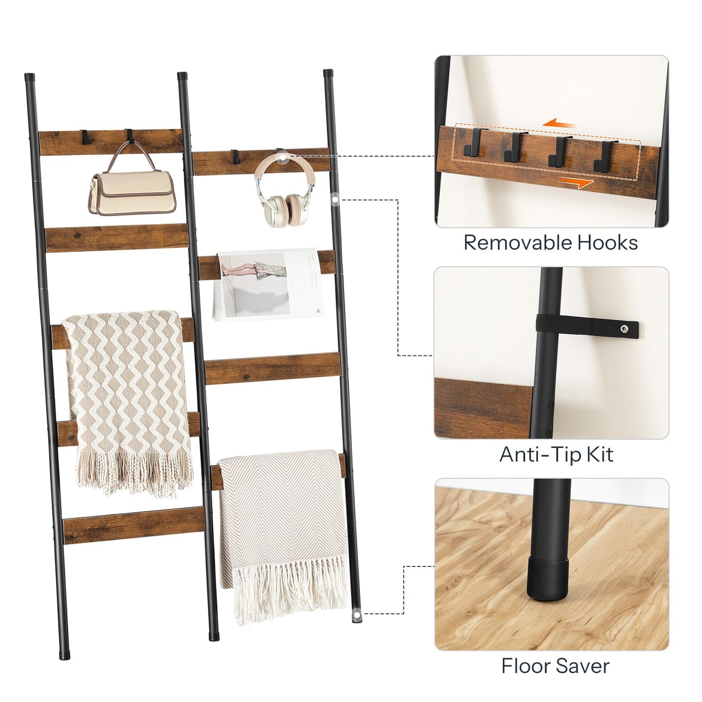 HOOBRO Blanket Ladder, 33.9" L Wall-Leaning Towel Rack, Double Row Blanket Rack for Large Capacity, Metal Frame, Anti-Tip Design, Blanket Holder for Living Room, Bathroom, Rustic Brown BF17CJ01