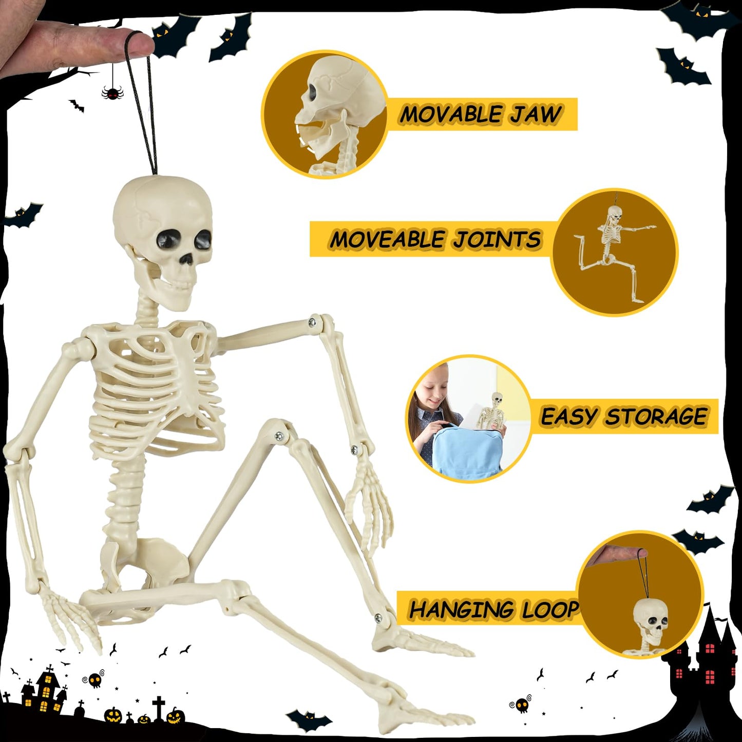 6 Packs Skeleton Halloween Decorations Outdoor with 16" Full Body Posable Joints Skeletons Decor, Halloween Party Decor Indoor, Garden Yard Lawn Graveyard Haunted House Props Spooky Party Decorations