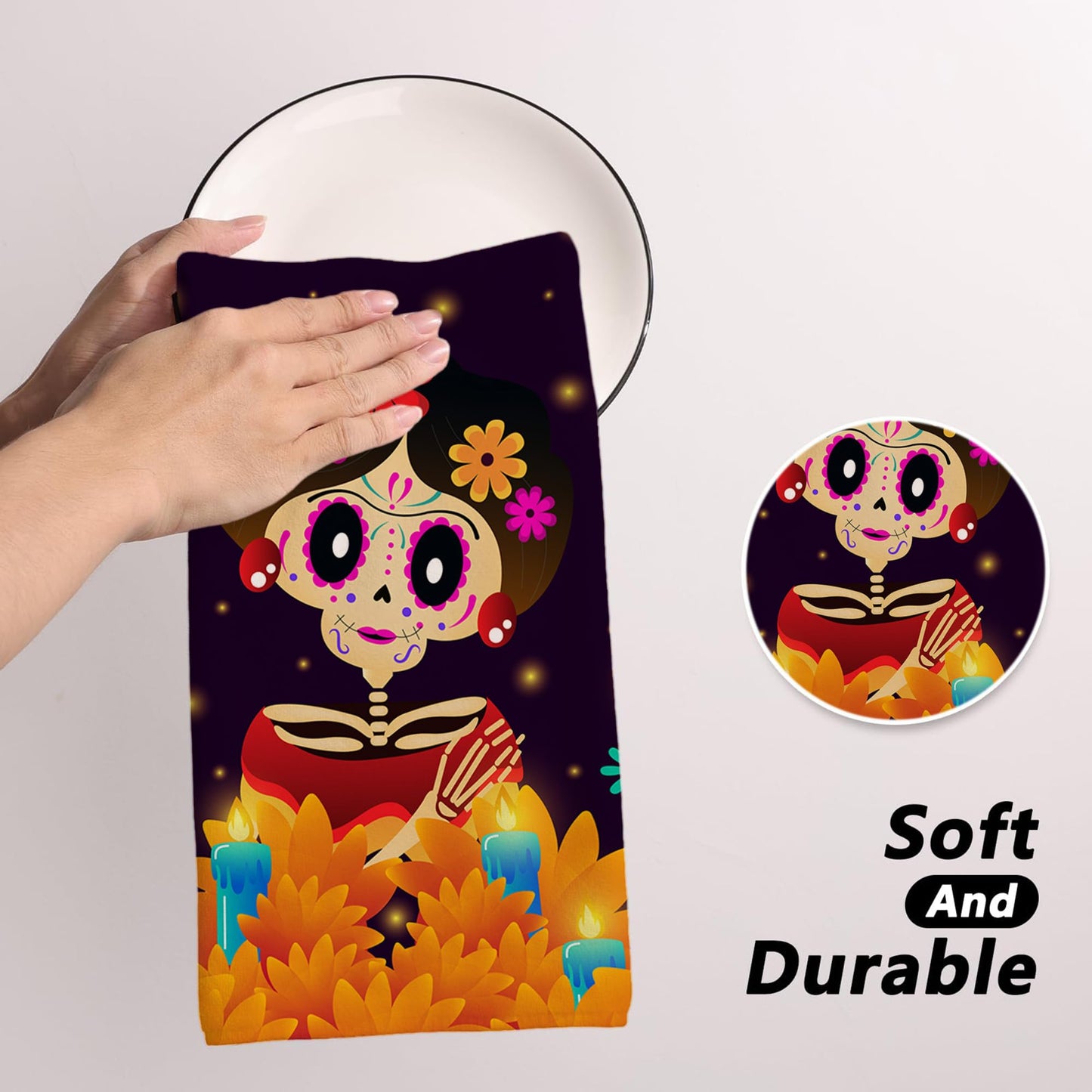 Yarcooly Day of The Dead Dish Towels for Kitchen Dia De Los Muertos Kitchen Towels Mexican Sugar Skull Marigolds Floral Decor Day of The Dead Decorations for Home Party