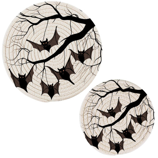 Peystean 2 Pcs Kitchen Decor Woven Potholders Trivets Set, Bats Hanging on Tree Branch Halloween Round Hot Mats Coasters Placemats,for Cooking Baking Hot Dish Pan Pot Bowl Teapot(7"&9")