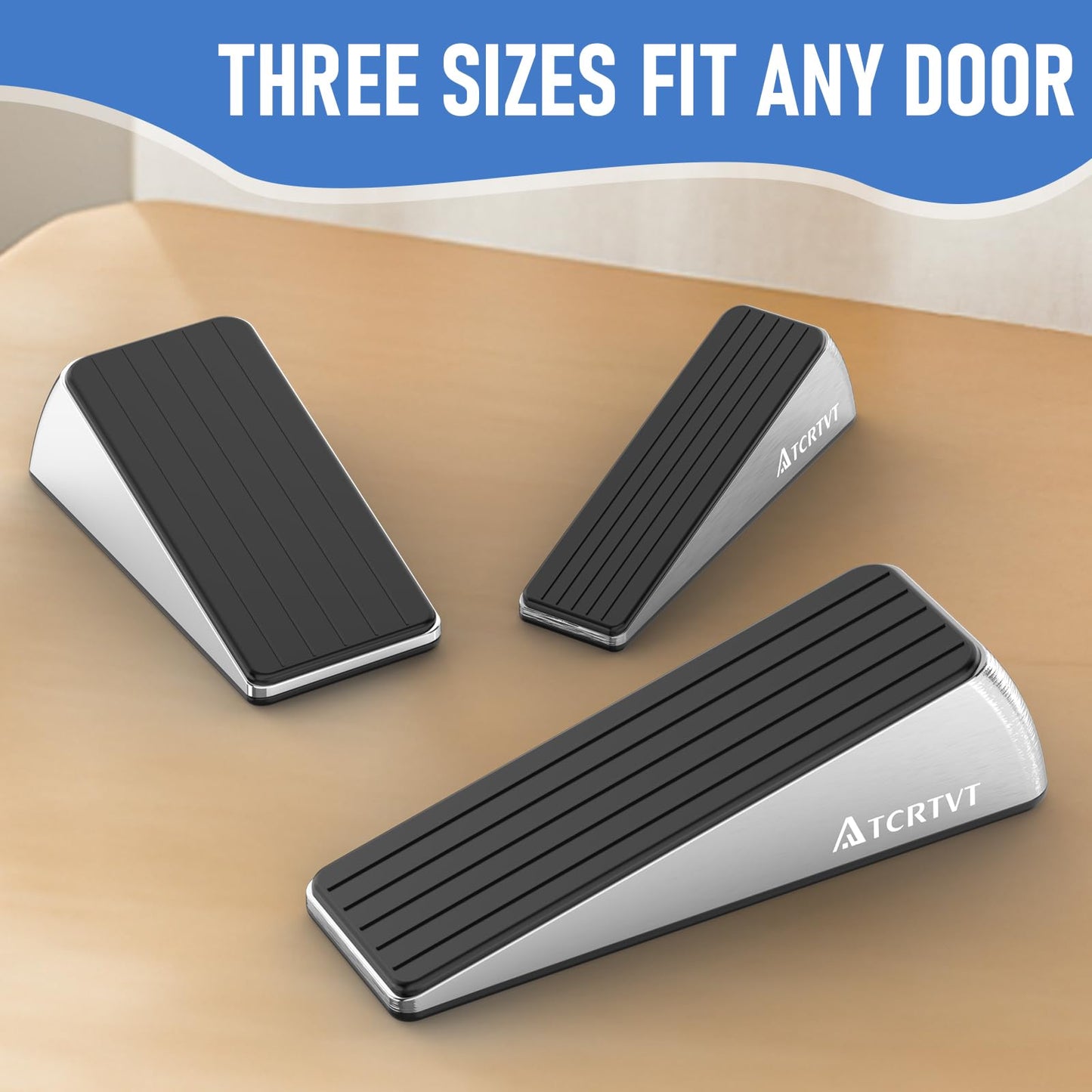 Heavy Duty Door Stopper Wedge - 2 Pack Big Size Door Stop Wedge Made of Aluminum Alloy Metal Suits Any Door, Any Floor with Set of 2 Plus Self-Adhesive Holder Satin Nickel Large Version