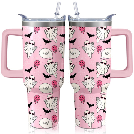 Kearscupra 40oz Cute Ghost Halloween Tumbler With Handle and Straw,Gifts for Women Spooky Pink Bat Melting Smile Face Coffee Mug Water Bottle, Stainless Steel Insulated Cup