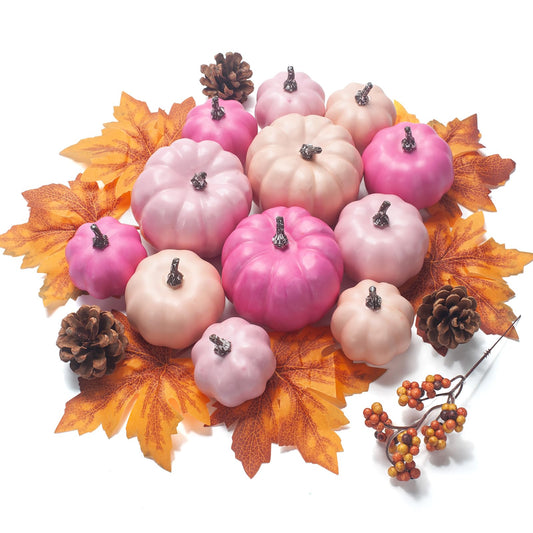 GHGMAO Pumpkin Decor Set, 22 PCS Fall Harvest Decorations - Pink Artificial Pumpkins for Thanksgiving Farmhouse Fall Wedding Home Table Centerpiece Decor