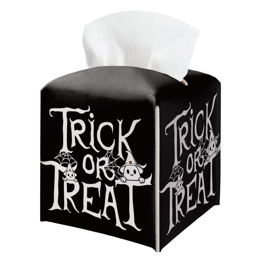 Halloween Trick Or Treat Tissue Box Holder, Black Leather Tissue Box Cover Square, Facial Paper Organizer Dispenser Toilet Paper Holder for Bathroom Kitchen Office Home Decor-A08