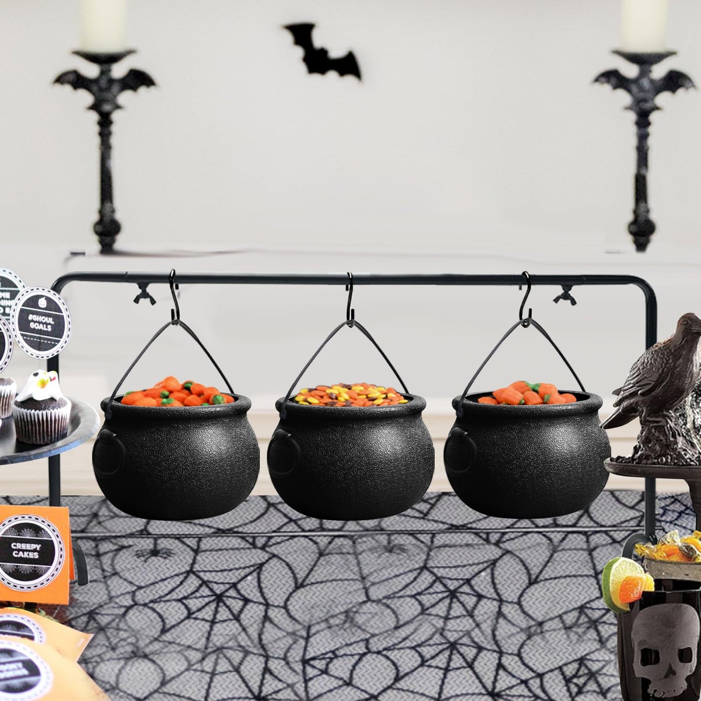 ORIENTAL CHERRY Halloween Decorations Indoor - Set of 3 Witches Cauldron Serving Bowls on Rack - Halloween Party Decorations Halloween Candy Bowl Black Plastic Cauldron for Home Kitchen Decor