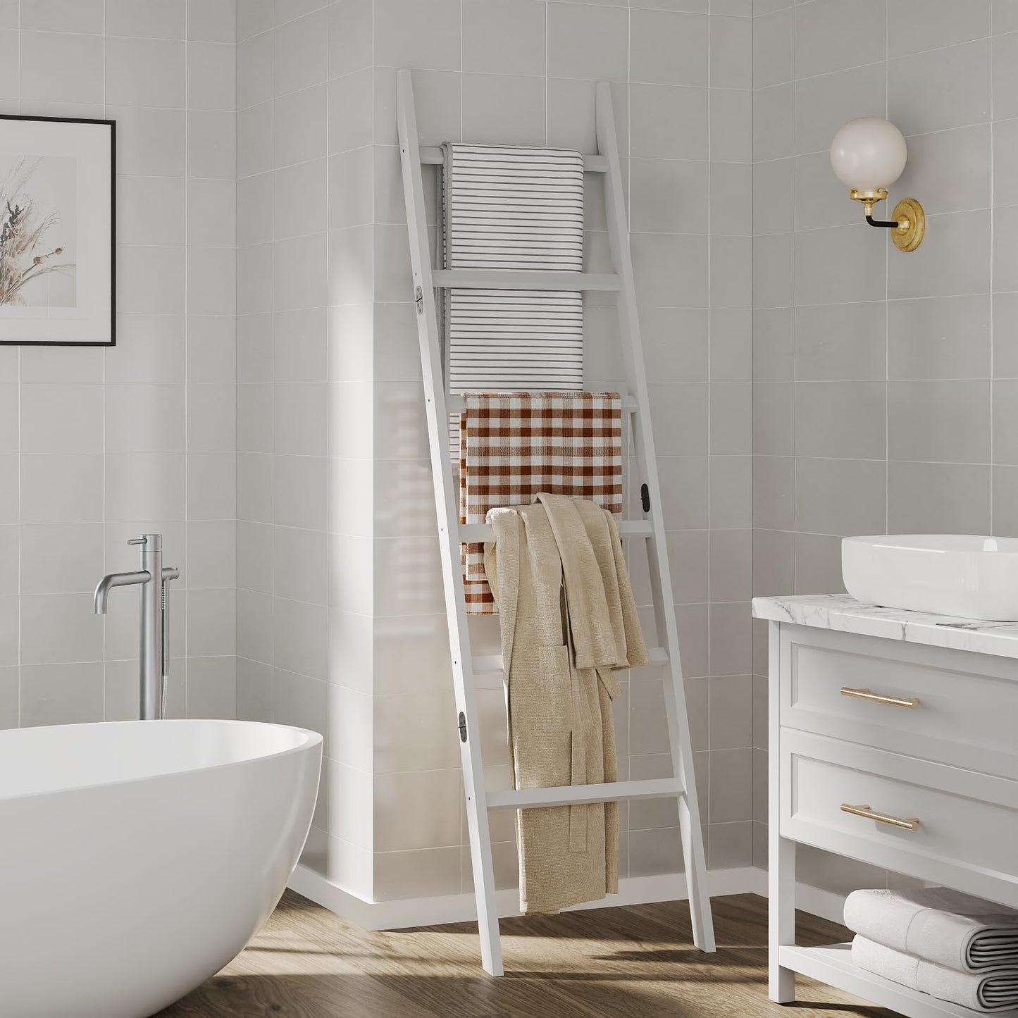 EleganfurHony Bamboo Towel Rack 6-Tier Blanket Ladder for Living Room, Bedroom, Bathroom Space-Saving Decorative Ladder for Quilts, Towels and More White