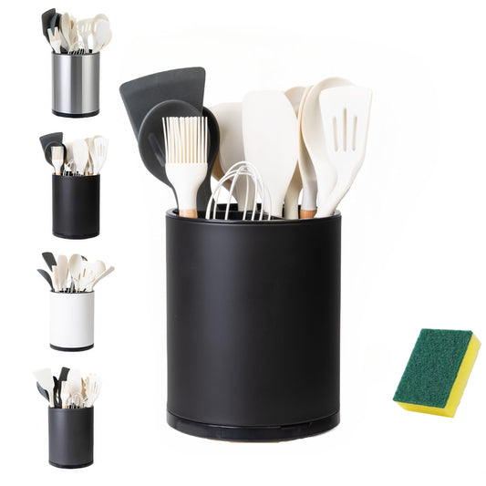 LIBODOUR Utensil Holder,Large 360°Rotating Kitchen Utensil Holder For Counter,Cooking Silverware Organizer Stainless Steel Caddy Flatware Spoon Spatula Tool Cutlery Container