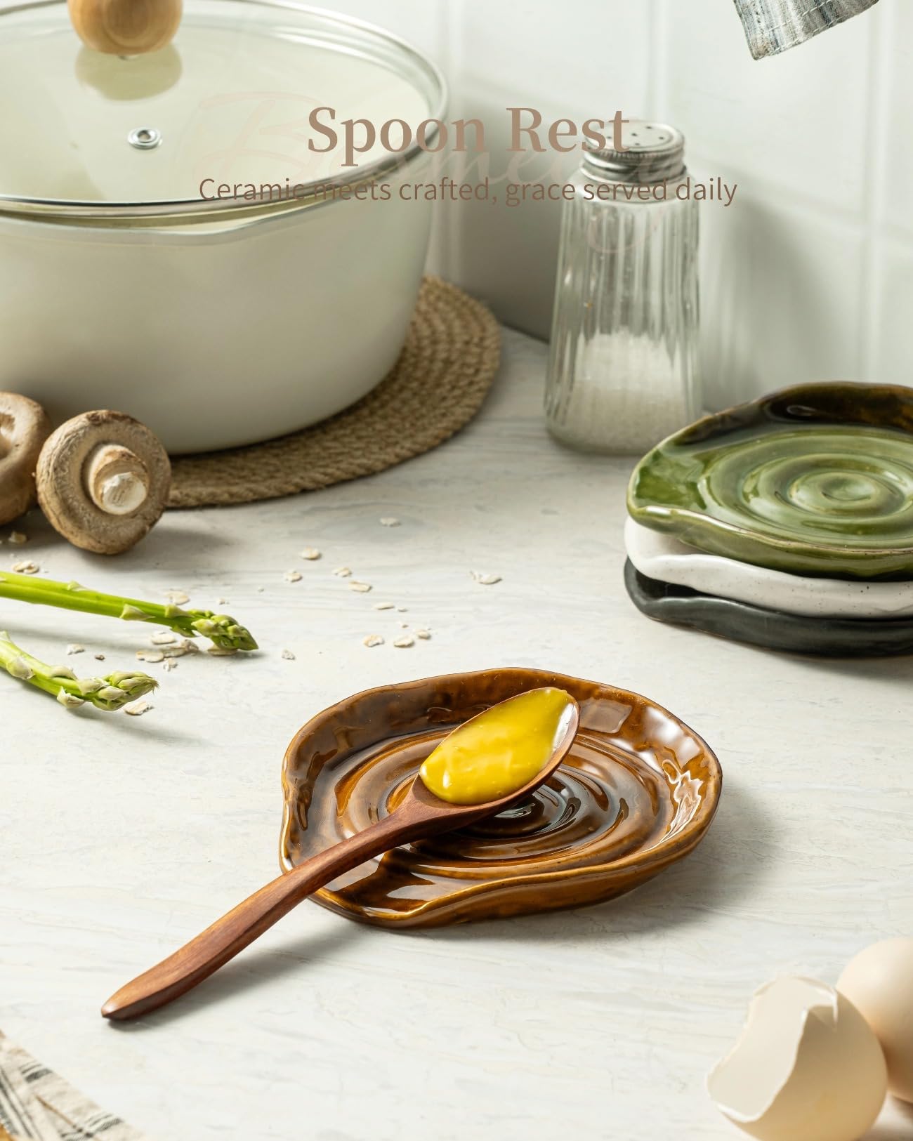 Besmeety Ceramic Spoon Rest for Stove Top, Spoon Holder for Kitchen Counter, Spatula Rest, Farmhouse Utensil Holder (Antique Copper)