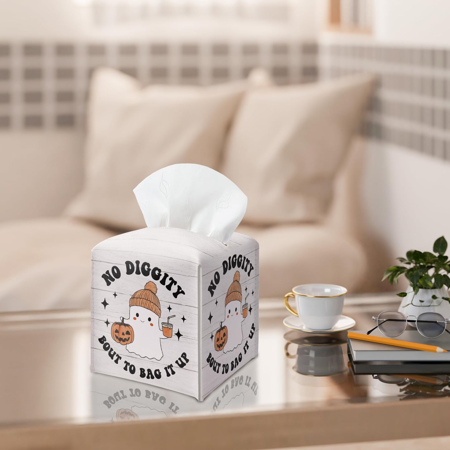 Halloween Tissue Box Holder, No Diggity Bout to Bag It Up Cute Ghost Leather Tissue Box Cover Square, Facial Paper Organizer Dispenser Toilet Paper Holder for Bathroom Kitchen Office Home Decor-A06
