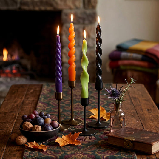 Nuanchu 4 Pcs Twisted Taper Candles Wax Unscented Smokeless Spiral Swirl Candlesticks for Wedding Holiday Dinner Party Home Decorations(7.87 Inch,Pure,Halloween Purple)