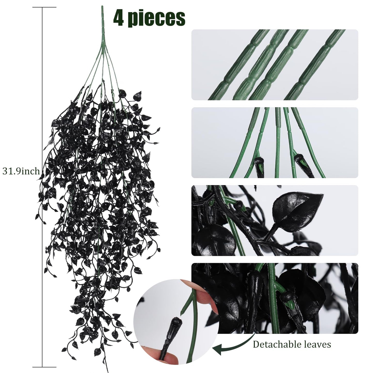 RECUTMS Black Artificial Hanging Plants 4PCS 33in Fake Wall Plant Faux Eucalyptus Leaves Ivy Swag UV Resistant Hang Plastic Greenery Indoor Outdoor Wedding Halloween Porch Garden Home Patio Decor