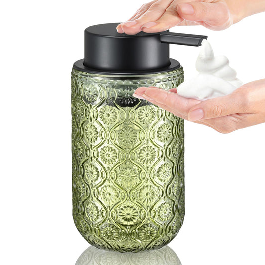 zuxzmj Green Glass Foaming Hand Soap Dispenser with Matte Black Pump Thick Embossed Bottle Refillable for Bathroom and Kitchen Decor 13.5 oz