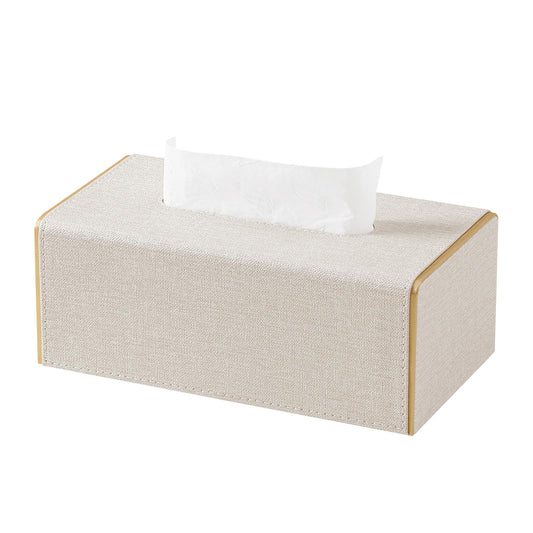 JLAMBOM Linen Tissue Box Cover Rectangle, 4 Sizes PU Leather Tissue Box Cover with Bottom, Decorative Tissue Holder for Bathroom Nightstand Car Office (Medium – Fits Tissue Boxes Up to 3.4" Tall)