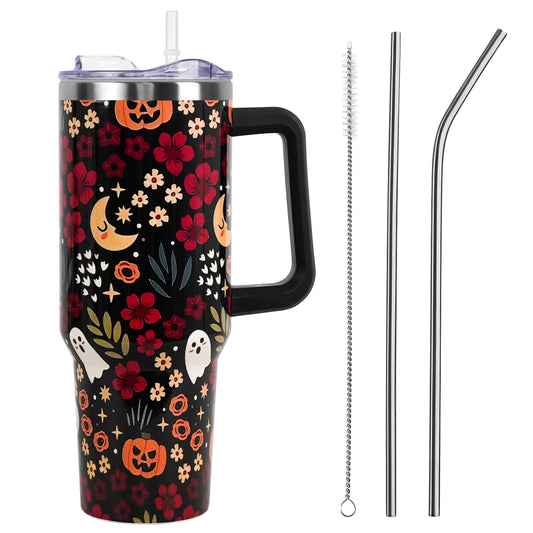 Halloween Tumbler with Lid and Straw 40oz,Fall Skulls Ghost Pumpkins Flower Vacuum Insulated Leak Proof Tumbler,Goth Cute Spooky Gift Women Girls,Thanksgiving Accessories Stainless Steel Coffee Cup