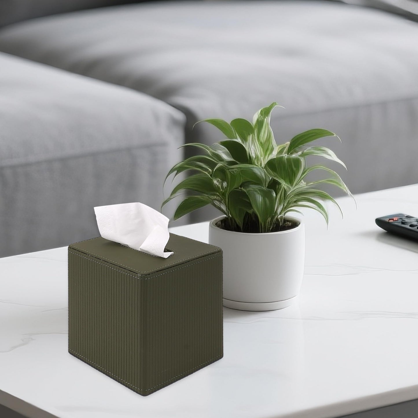 DODAMOUR Elegant Faux Leather Tissue Box Cover, Ribbed Design with Weighted Base & Magnetic Closure - Modern Decor for Bathroom, Bedroom or Office (Olive Green)
