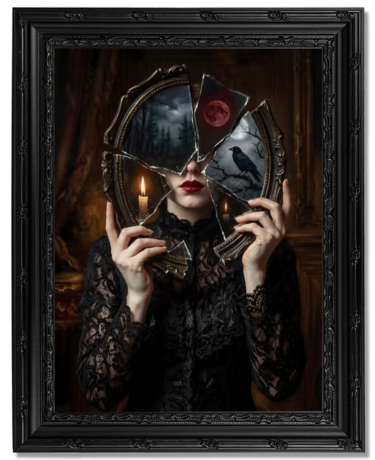 Gothic Broken Mirror Witch Framed Wall Art, Vintage Dark Aesthetic Raven Blood Moon Canvas Print with Ornate Black Carved Frame, Witchy Dark Academia Wall Decor for Bedroom Living Room Halloween