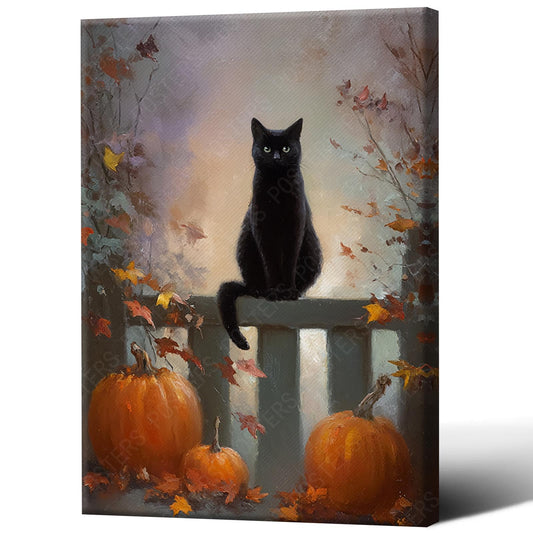 Halloween Pumpkin Canvas Wall Art,Funny Black Cat Poster Print,Pet Lovers Wall Decor For Home Bedroom Living Room 12X18 in Unframed