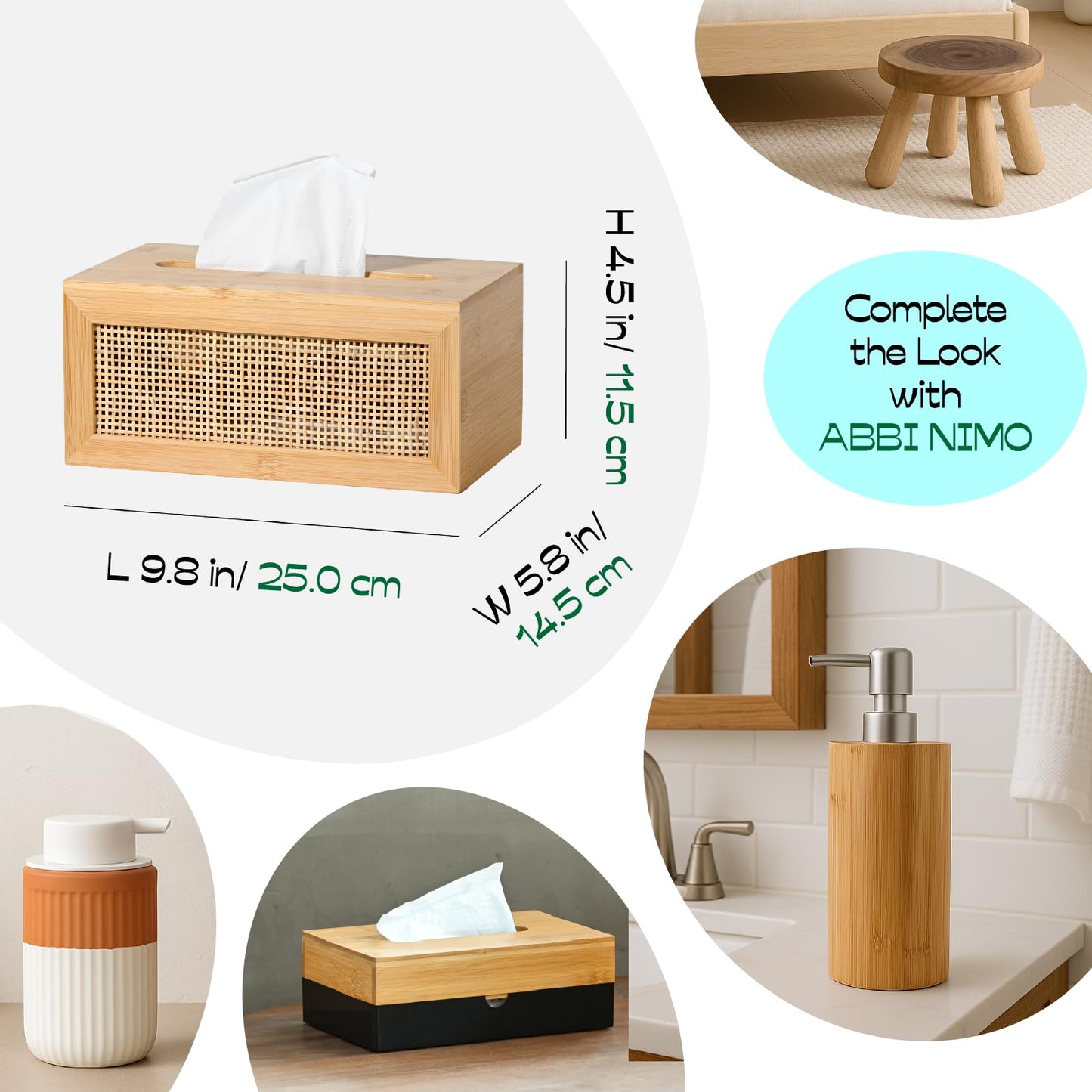 ABBI NIMO Large Rectangular Bamboo Tissue Box Cover, Natural Rattan Tissue Holder with Magnets for Bathroom, Living Room, Bedroom or Office, Supportive Spring Lifter Included