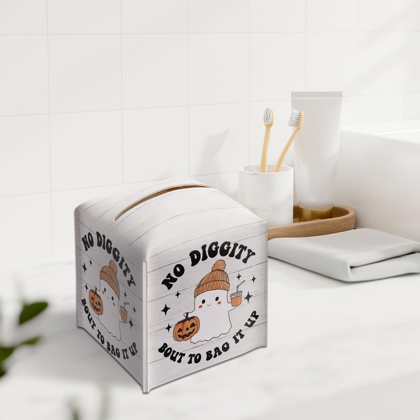 Halloween Tissue Box Holder, No Diggity Bout to Bag It Up Cute Ghost Leather Tissue Box Cover Square, Facial Paper Organizer Dispenser Toilet Paper Holder for Bathroom Kitchen Office Home Decor-A06
