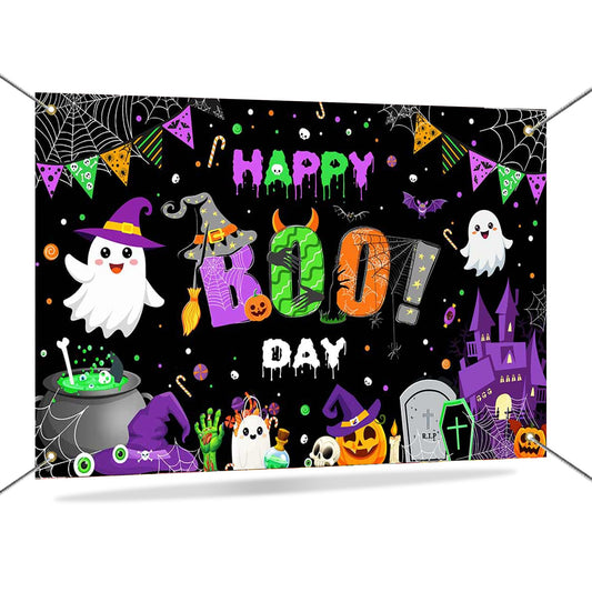 Mocsicka Happy Boo Day Banner Backdrop Halloween Happy Birthday Banner Purple Cute Ghost Happy Boo Day Halloween Birthday Decorations Photo Booth Props 70.8x43.3(inch)