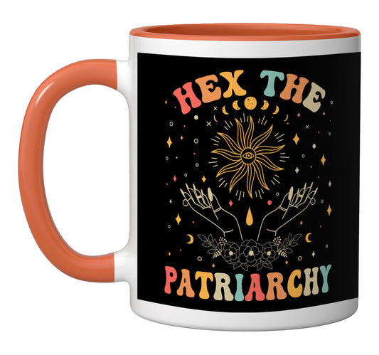 Feminist Witch, Hex The Patriarchy Halloween Witch Vibes Ceramic Mug, Orange/White
