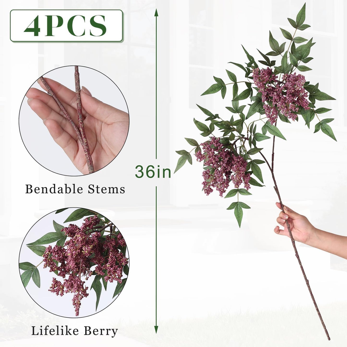4 Pcs 36" Artificial Nandina Berry Stem, Fake Plant Branches(Dusty Plum)