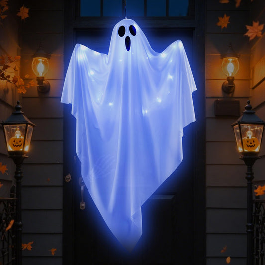Hogrance Halloween Decorations Outdoor, White Hanging Ghost Hanging Light up with Blue LED Light, Halloween Window Decoration for Front Yard Patio Lawn Garden Party Decor Indoor Outside (Blue)