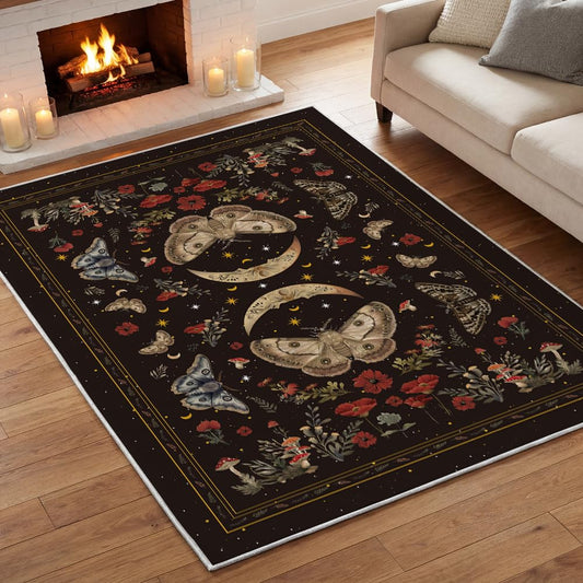 Artoid Mode Black Poppy Moth Mushroom Moon Area Rug, Fall Home Decor Low-Profile Washable Large Rug for Living Room Bedroom Farmhouse Dining Room Kids Playroom 5x7 Feet